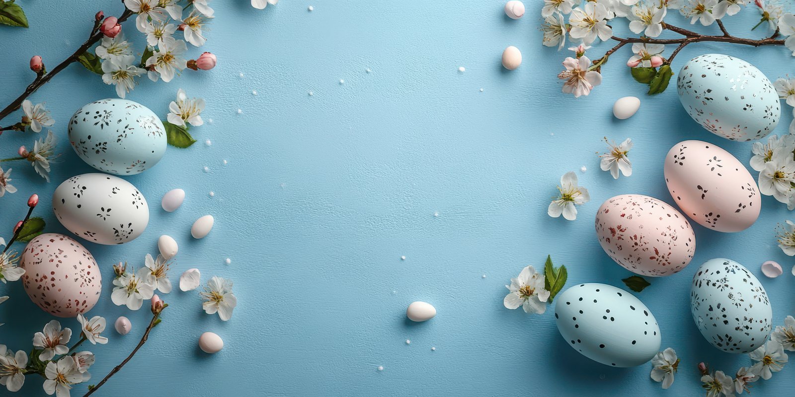 Colorful decorated eggs arranged on a blue background with spring flowers and candy, celebrating Easter traditions